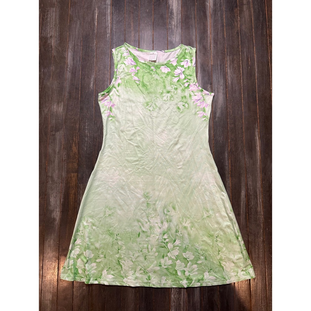 Green Floral Tie Dye Sleeveless A-Line Mini Dress Womens Medium Purple Flowers